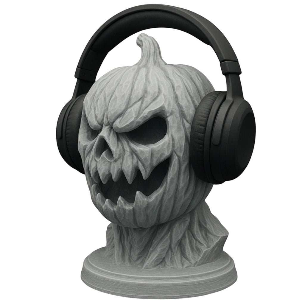 Happy3dWorld 3D printed grey pumpkin skull headphone stand with a matte finish for gothic desk decor