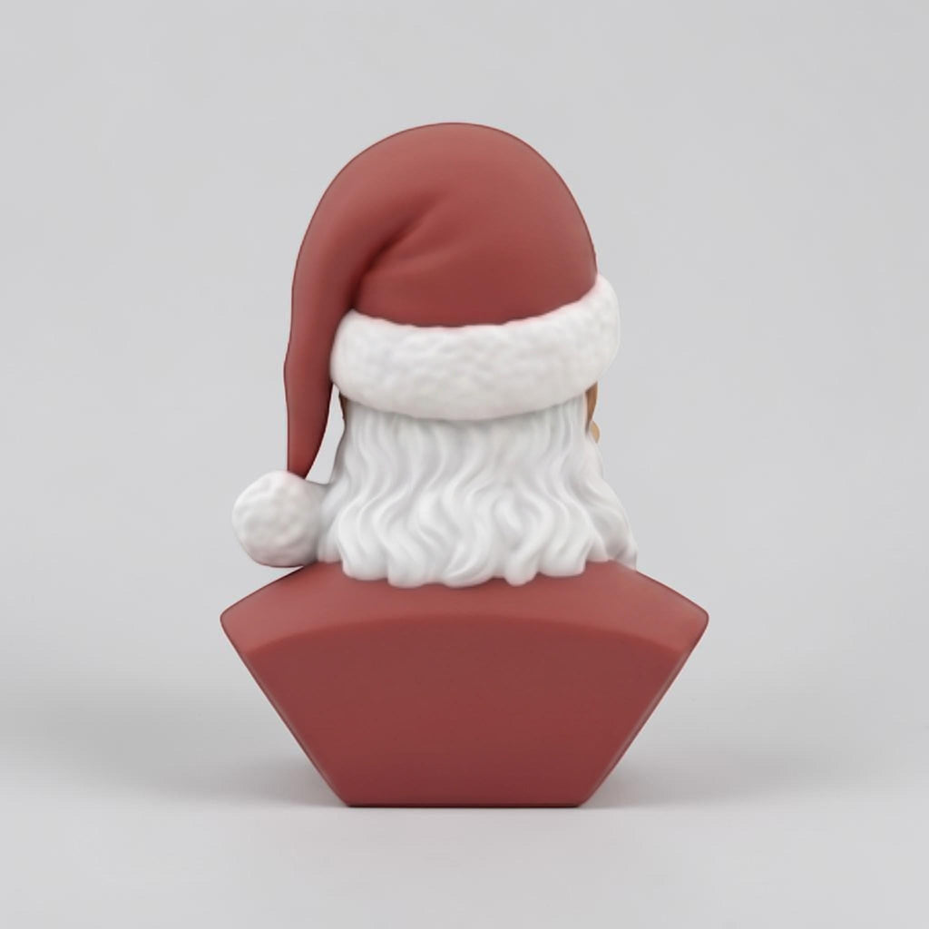 Happy3dWorld 3D printed Santa bust wearing headphones, viewed from the back showing red hat and white beard texture.