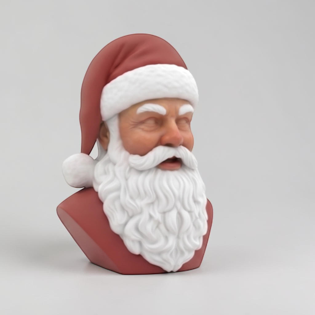 Happy3dWorld 3D-printed Santa Claus bust with a red hat and white beard, perfect for festive desk decor.