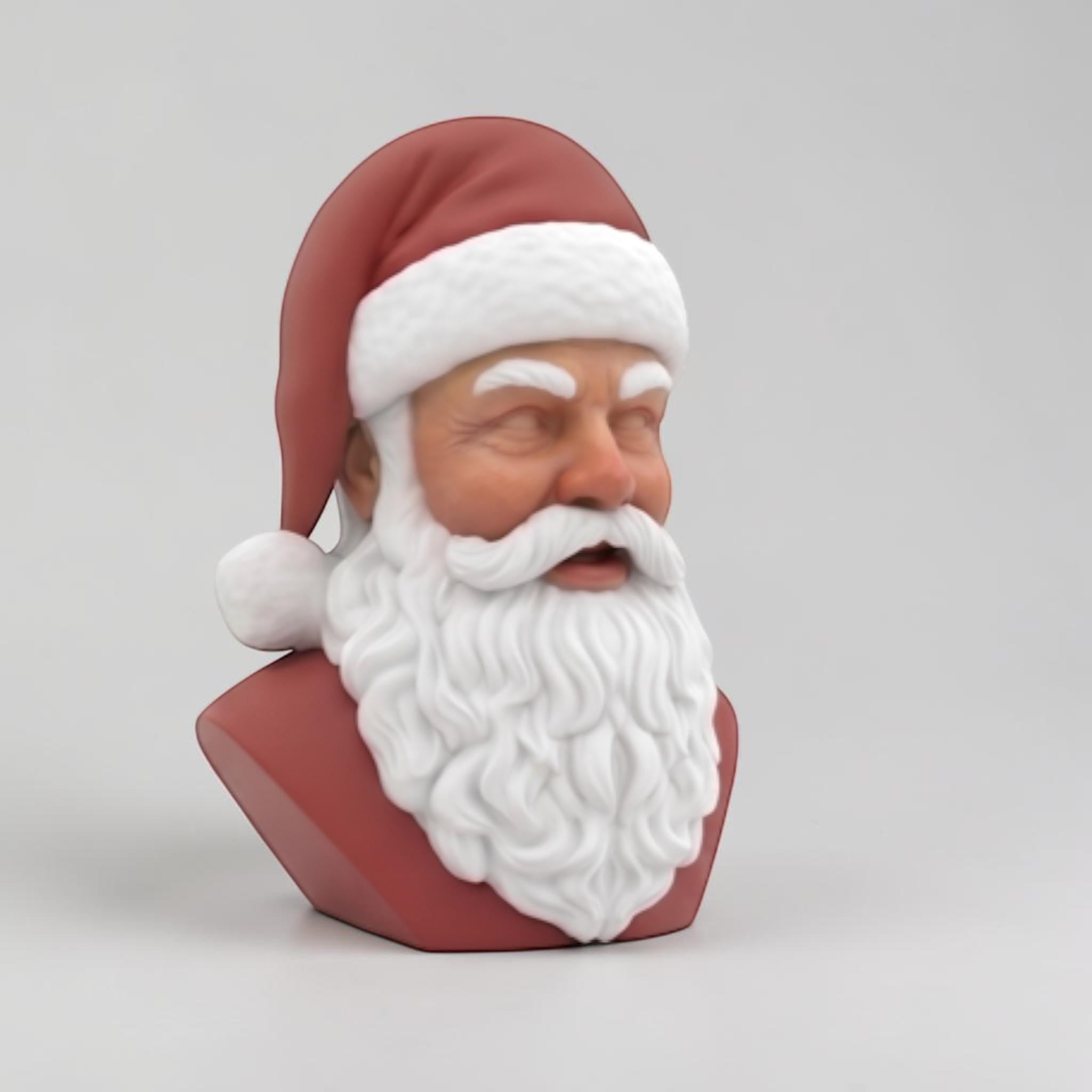 Happy3dWorld 3D-printed Santa Claus bust with a red hat and white beard, perfect for festive desk decor.