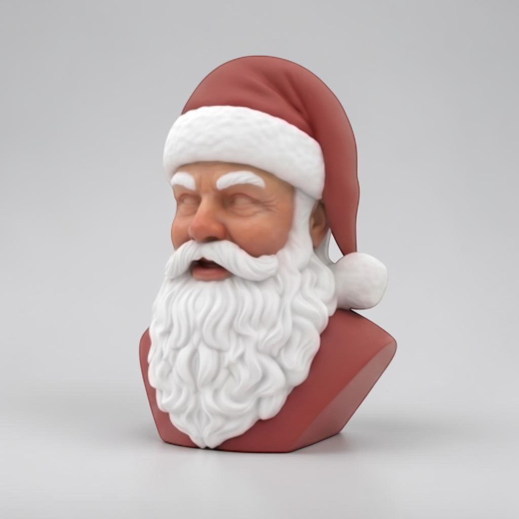 Happy3dWorld 3D printed Santa Claus bust with red hat and white beard, perfect for modern holiday desk decor.