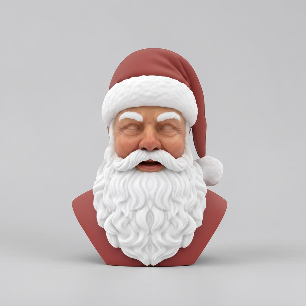 Happy3dWorld 3D printed Santa Claus bust in red and white PLA with detailed beard and hat for holiday desk decor