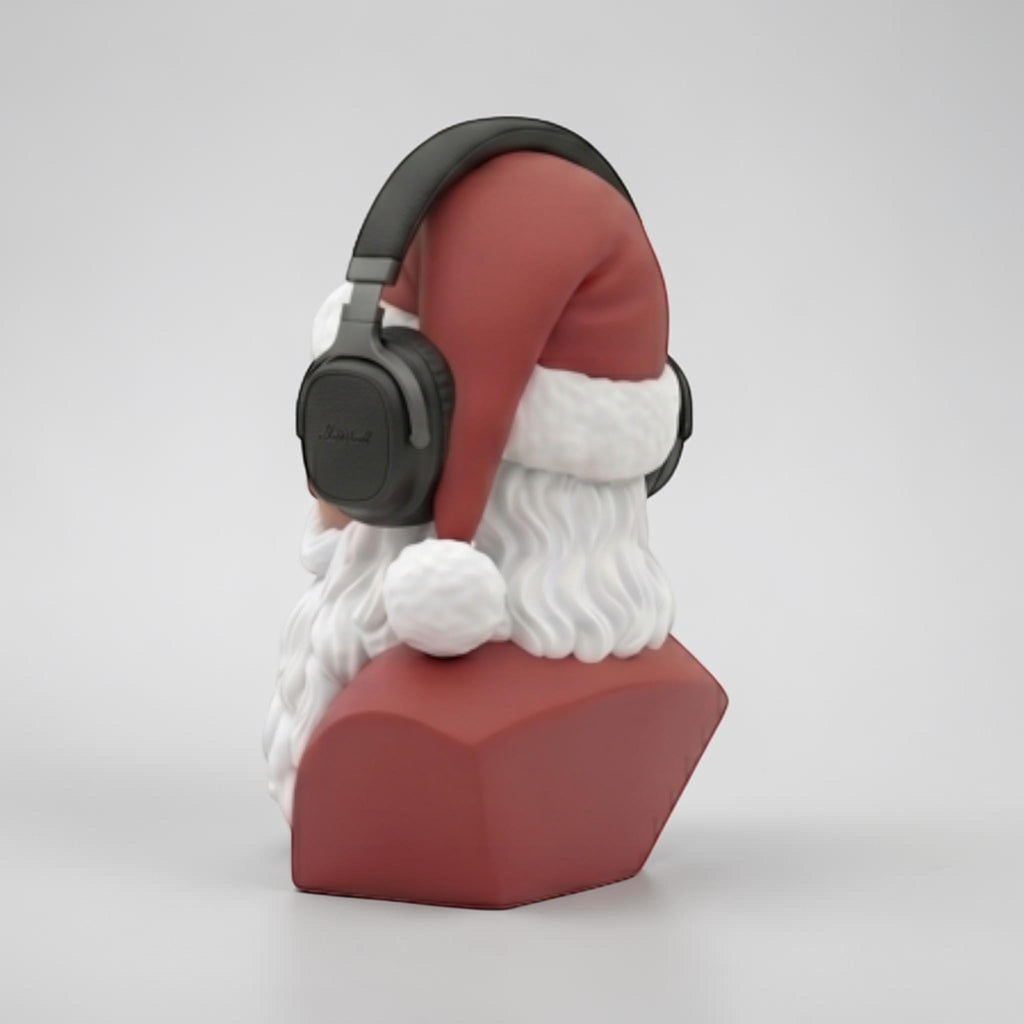 Happy3dWorld 3D-printed Santa bust wearing black over-ear headphones, side view of red and white PLA desk decor.