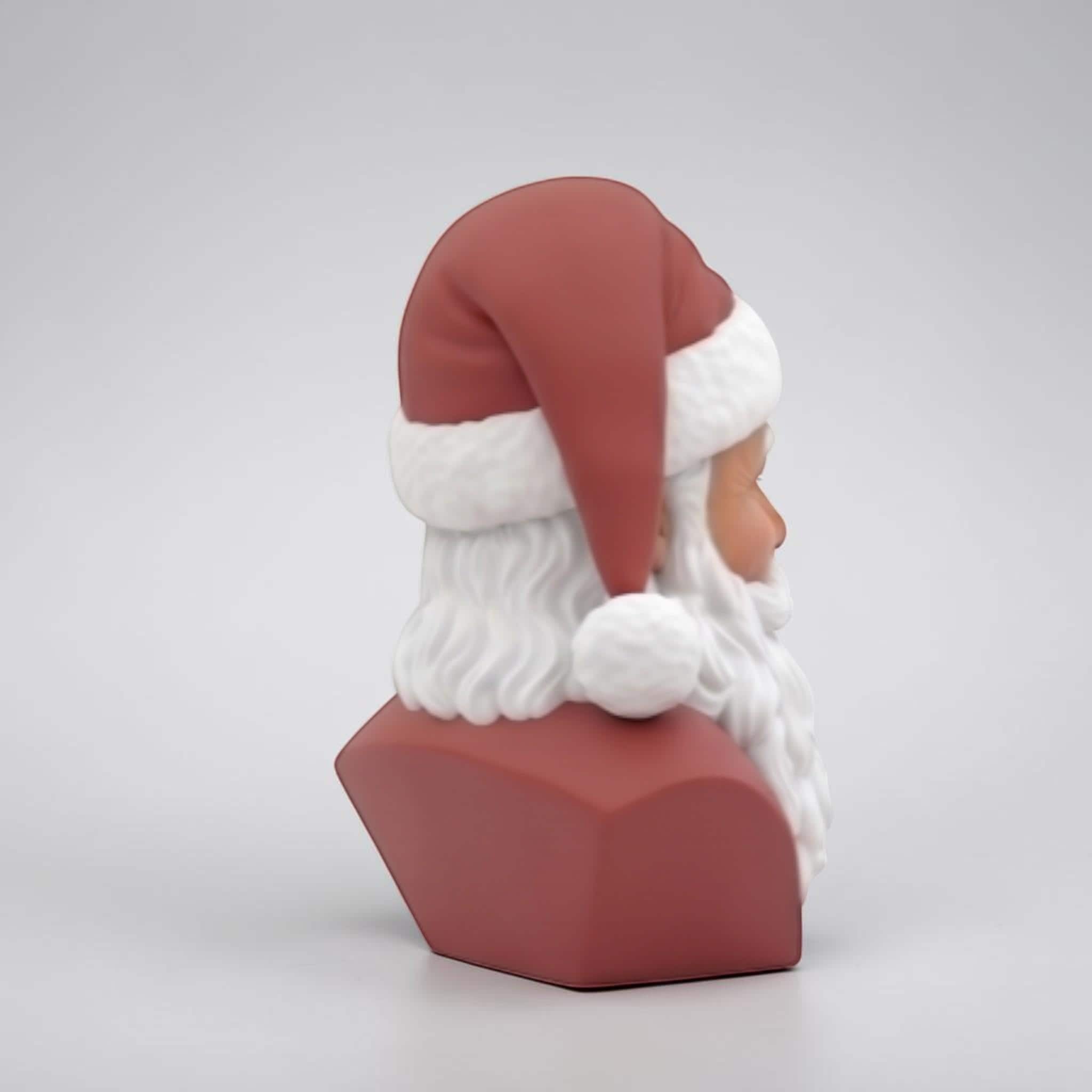 Happy3dWorld 3D-printed Santa bust wearing black headphones, featuring red and white PLA textures for festive desk decor.