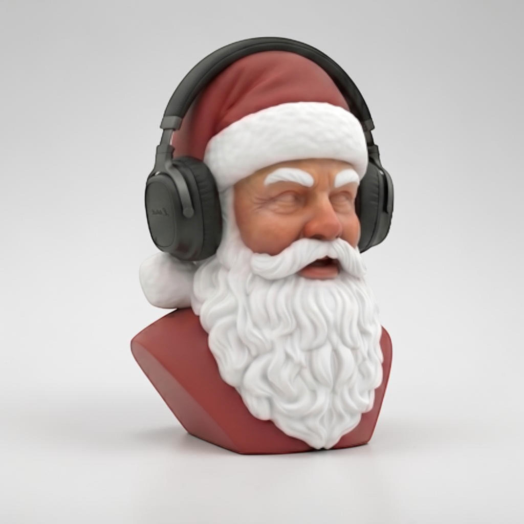 Happy3dWorld 3D printed Santa Claus bust wearing black over-ear headphones, red and white festive desk decor.