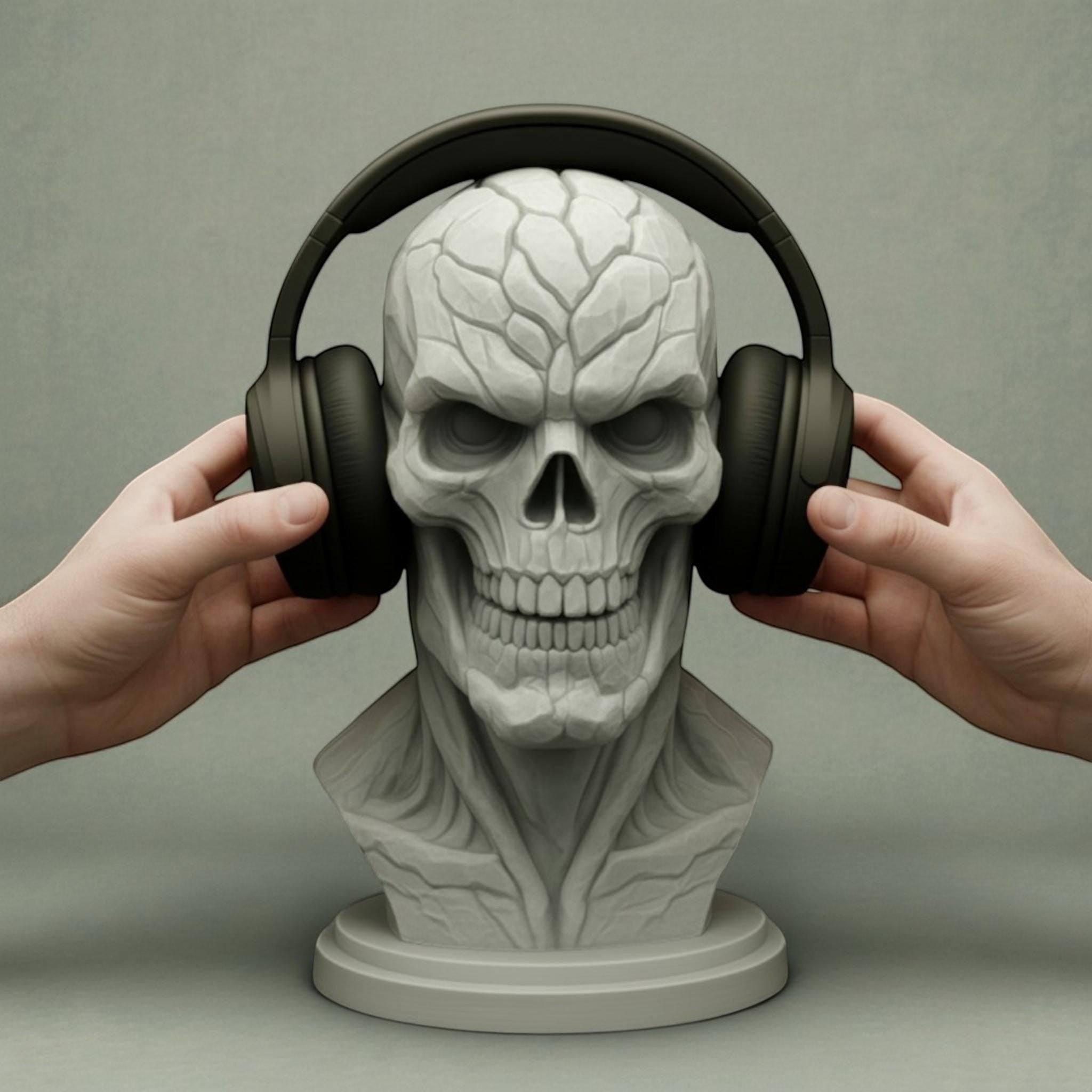 Happy3dWorld skeleton headset holder featuring a detailed skull bust with black headphones on a neutral background
