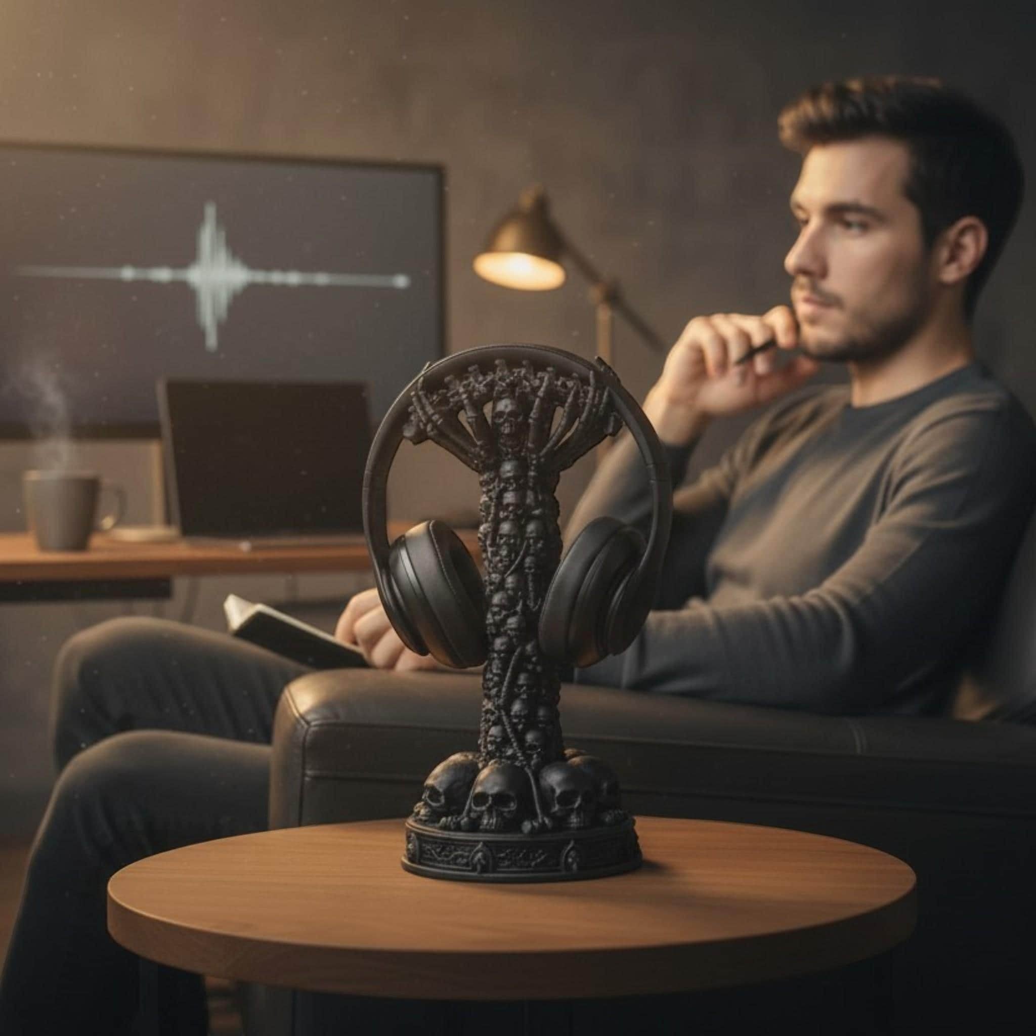 Happy3dWorld matte black skull column headphone stand on a wooden table in a dark gaming room with a man in background