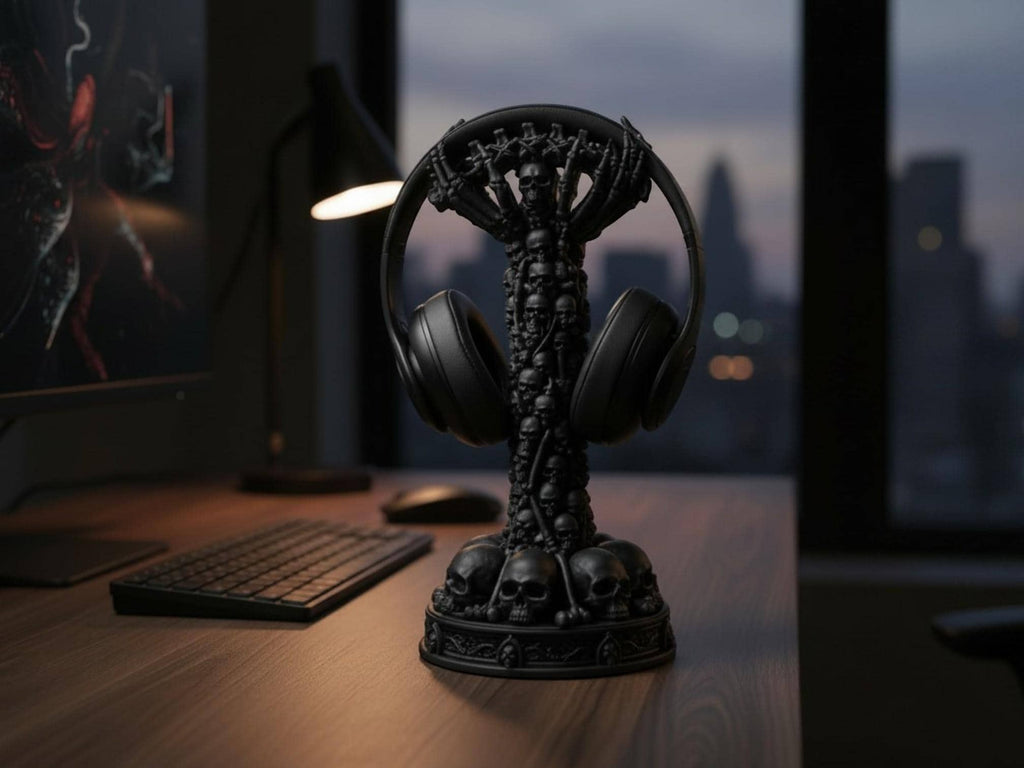 Happy3dWorld matte black gothic skull column headphone stand on a wooden desk in a dark gaming room setting.
