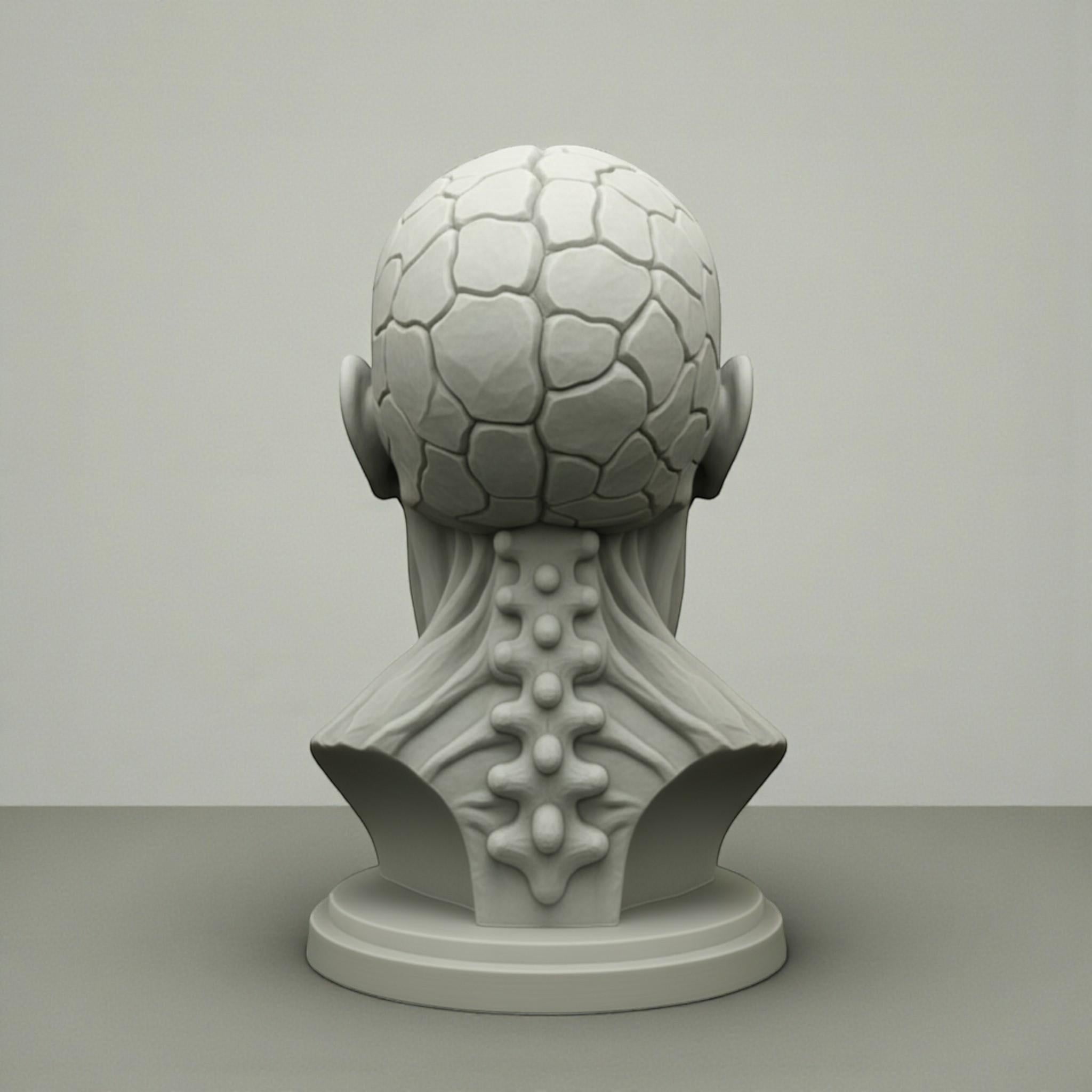 Happy3dWorld grey PLA skull headphone stand with detailed brain texture and spinal column design, rear view.