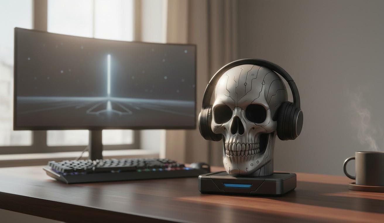 Skull Headphone Stand Gothic Desk Decor for Gaming Setup