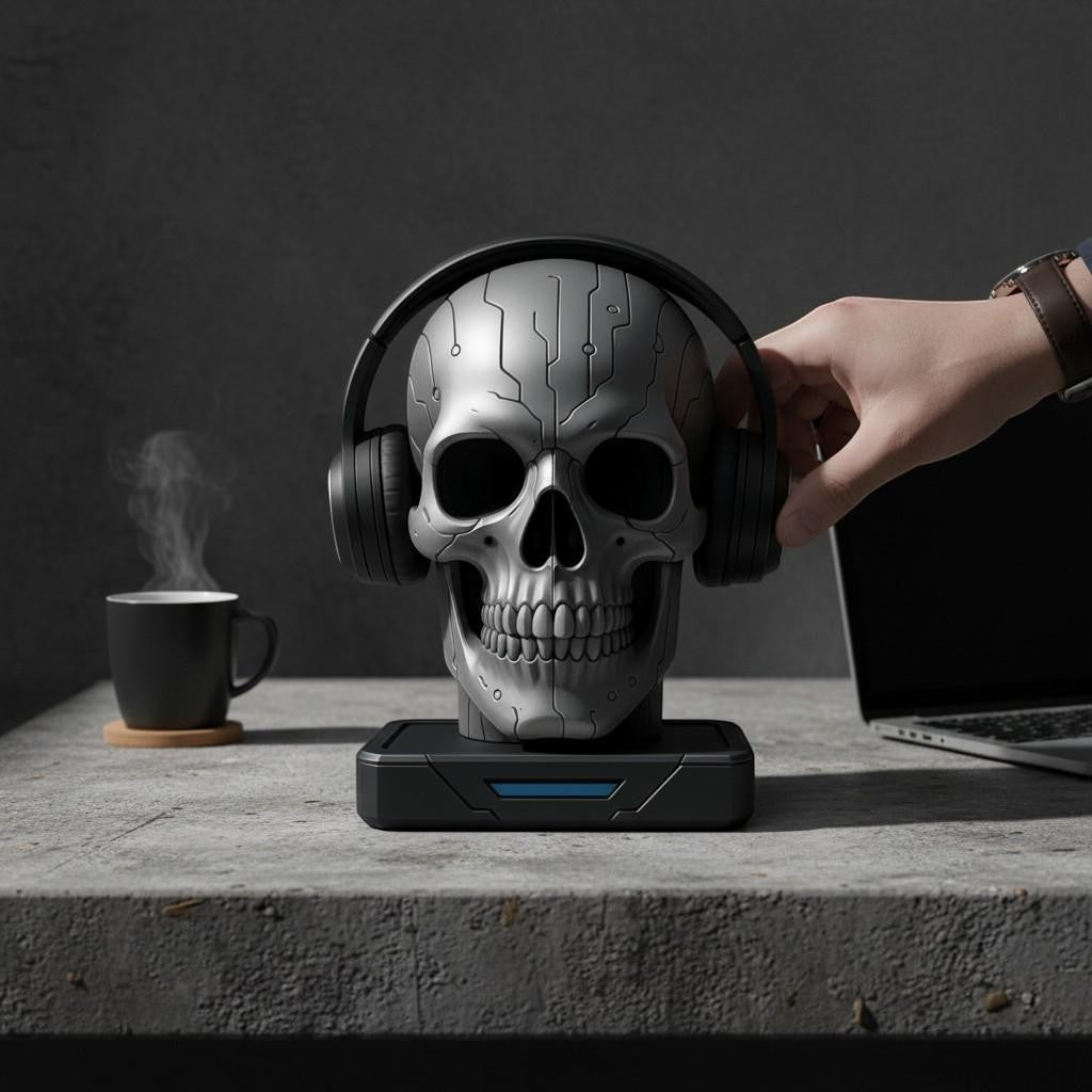 Skull Headphone Stand Gothic Desk Decor for Gaming Setup