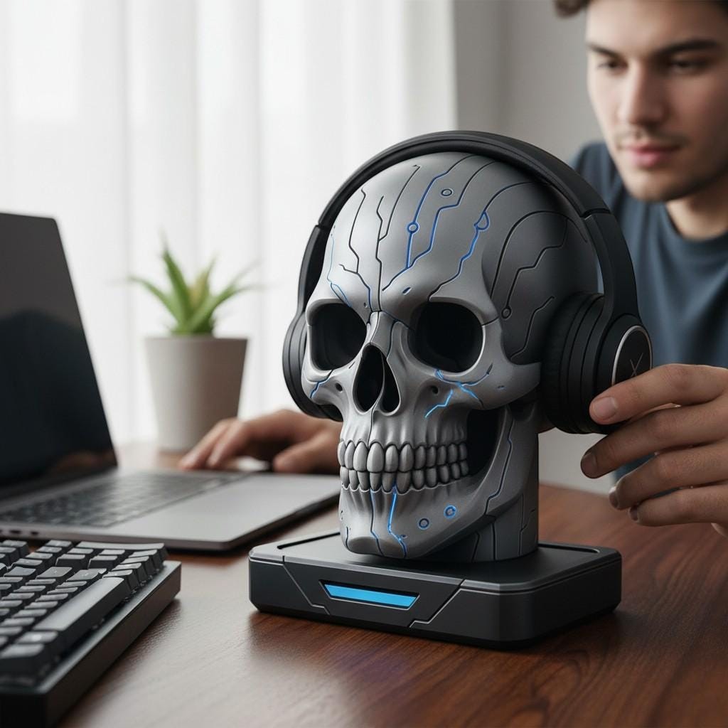 Skull Headphone Stand Gothic Desk Decor for Gaming Setup