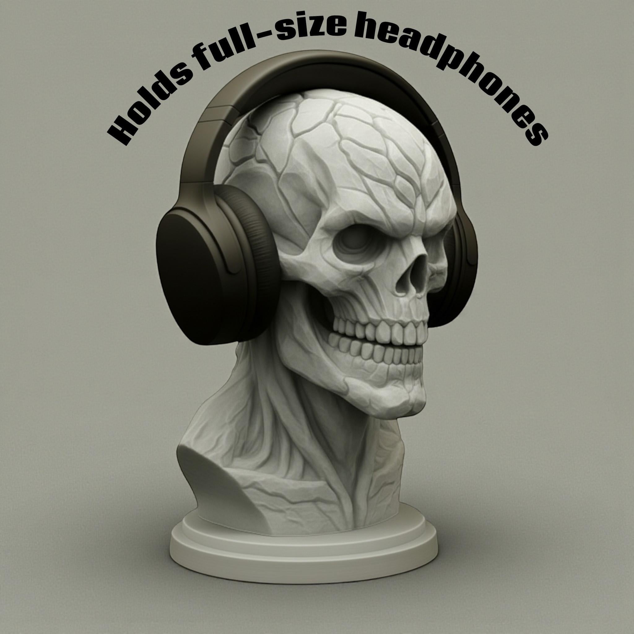 Happy3dWorld skeleton skull headphone stand with cyberpunk aesthetic, holding black over-ear gaming headphones.