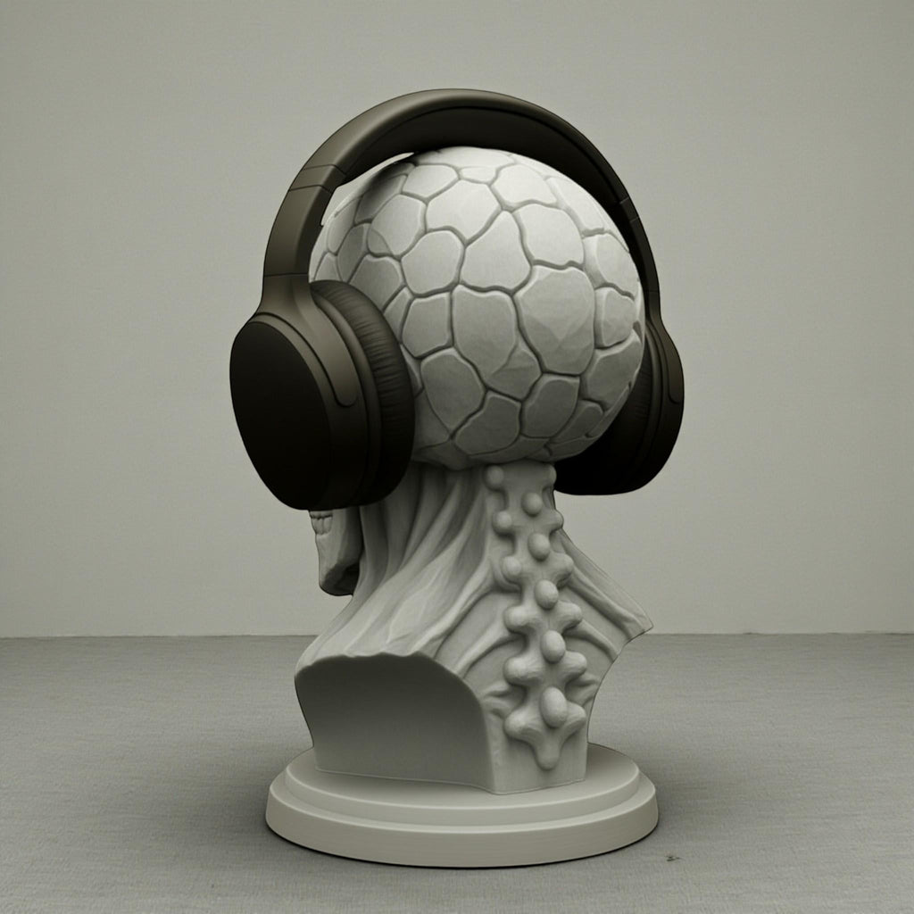Happy3dWorld grey cyberpunk skull headphone stand with a textured cranium and spinal column design on a desk