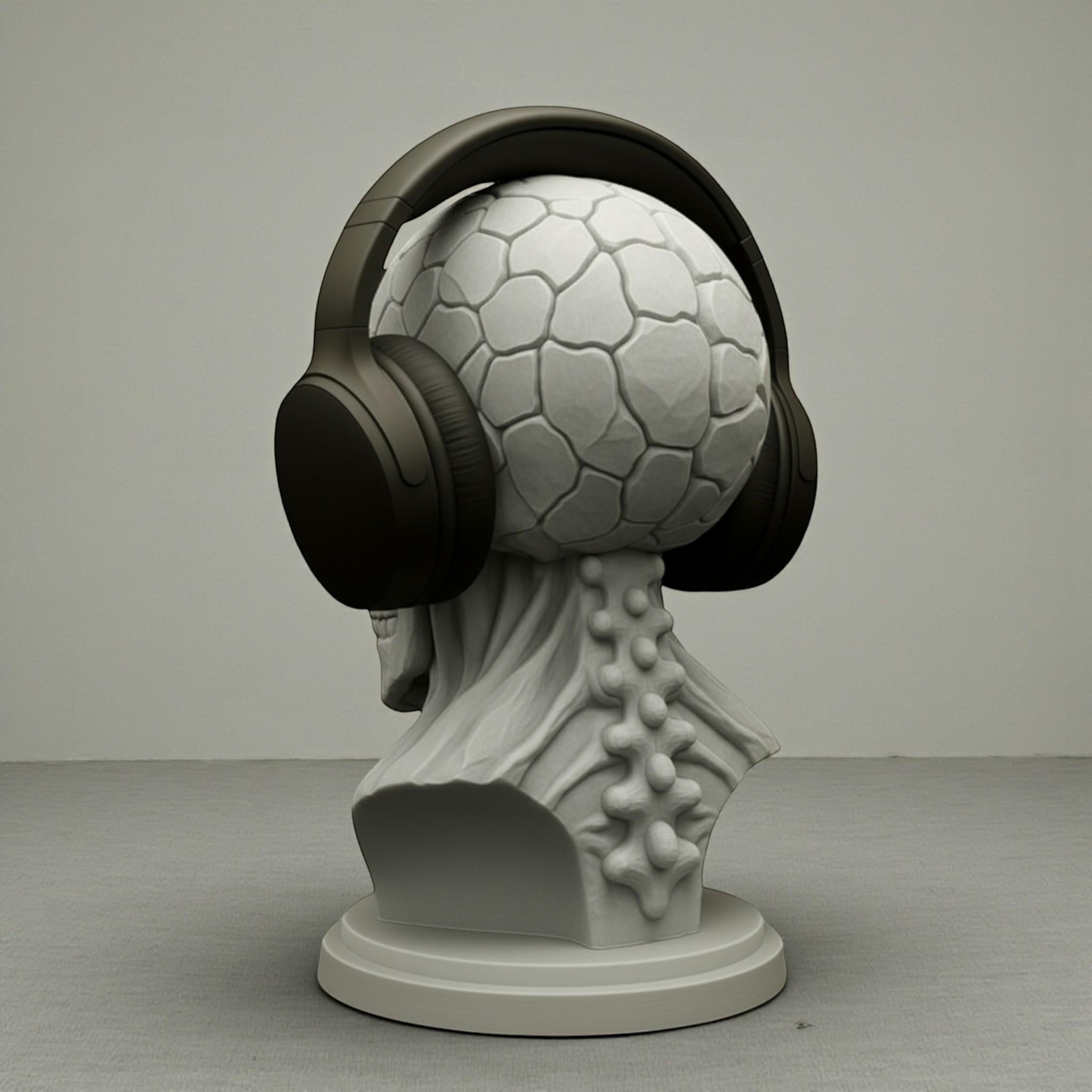 Happy3dWorld grey cyberpunk skull headphone stand with a textured cranium and spinal column design on a desk