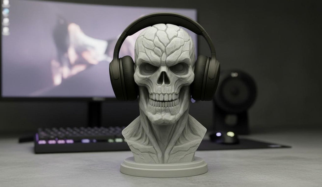 Happy3dWorld grey skull headphone stand with cyberpunk mechanical details displayed on a gaming desk.