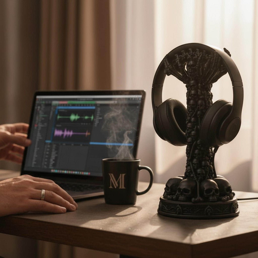 Happy3dWorld gothic skull column headphone stand holding black headphones on a desk next to a laptop and coffee mug.