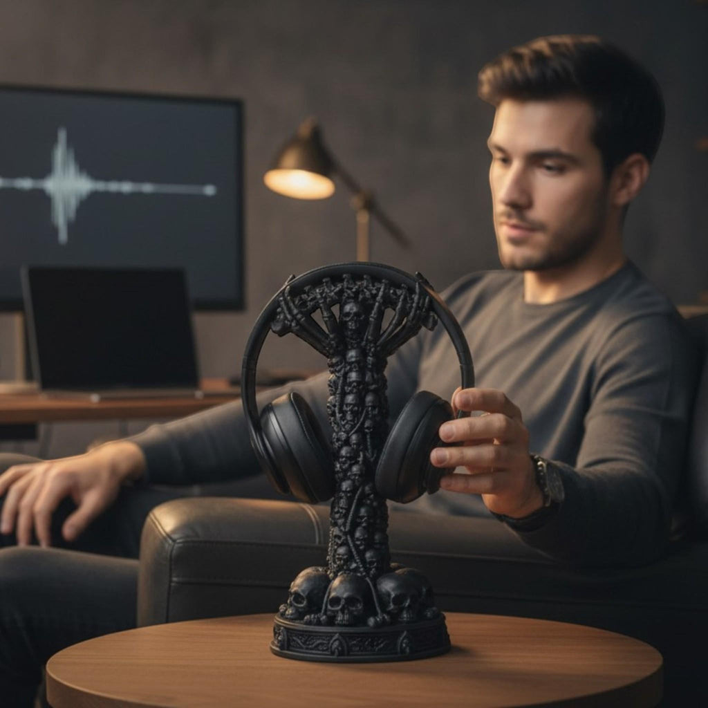 Happy3dWorld matte black skull column headphone stand on a desk with a man in a dark gaming room setting