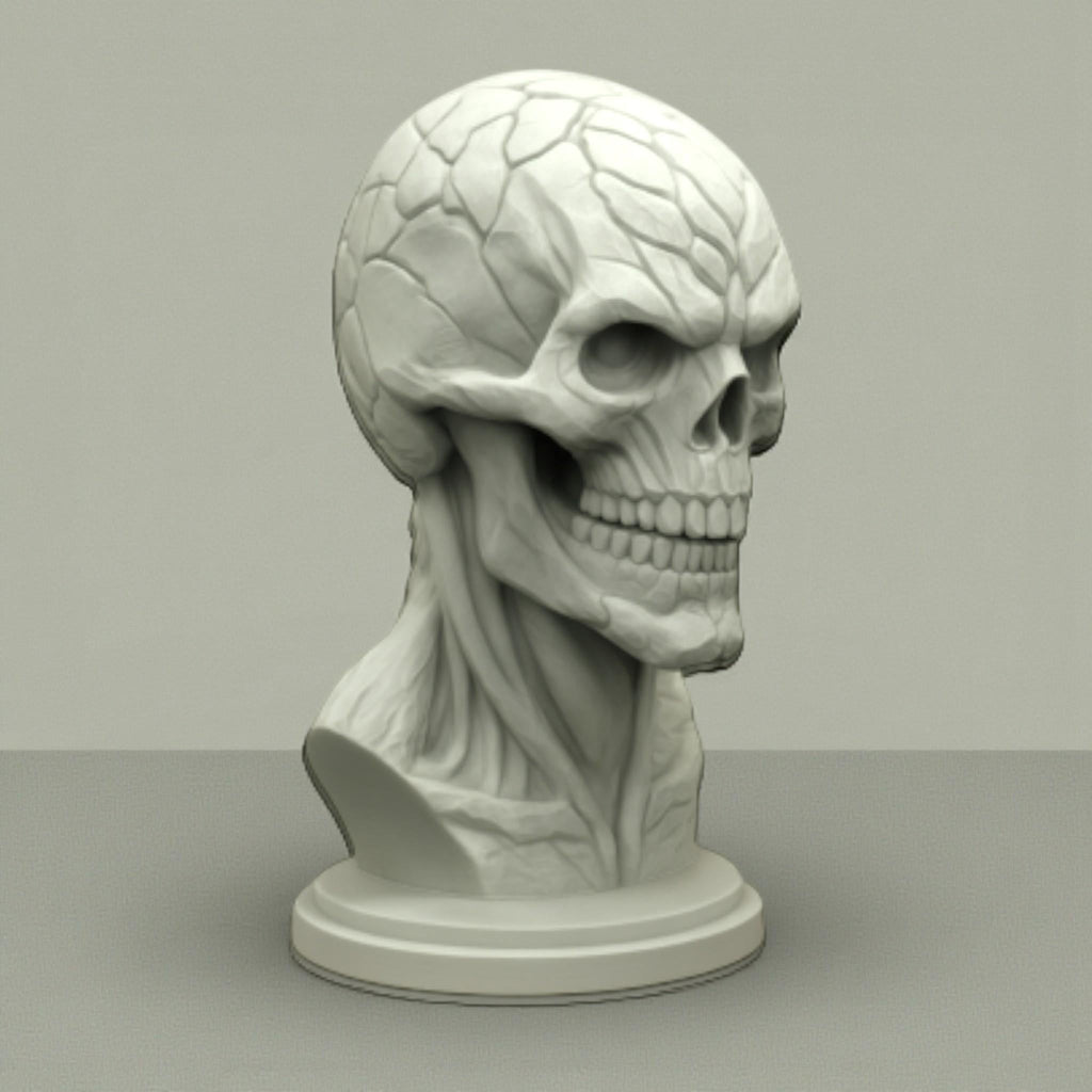 Happy3dWorld cyberpunk skull headset holder in matte grey PLA with intricate anatomical and mechanical surface details.