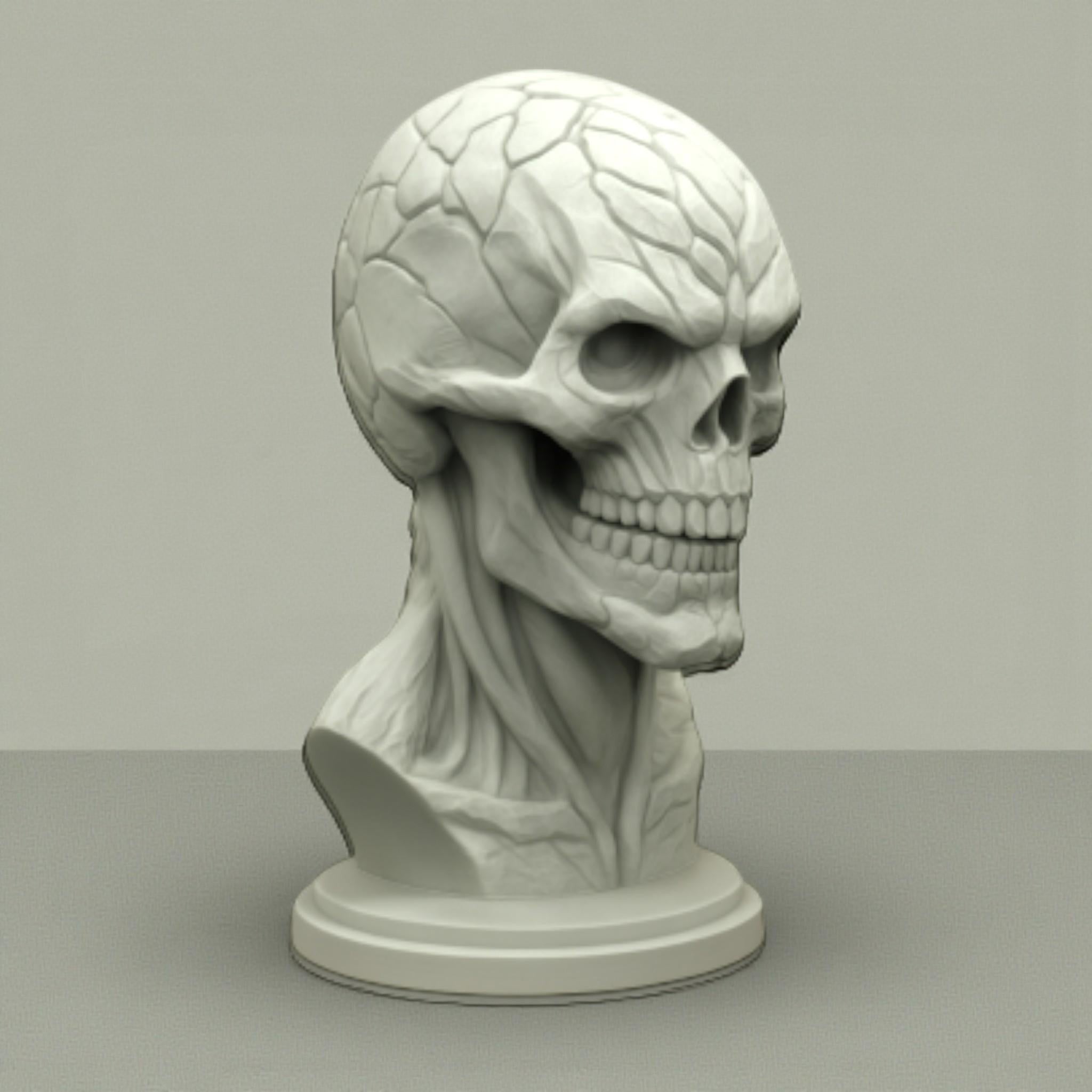 Happy3dWorld cyberpunk skull headset holder in matte grey PLA with intricate anatomical and mechanical surface details.