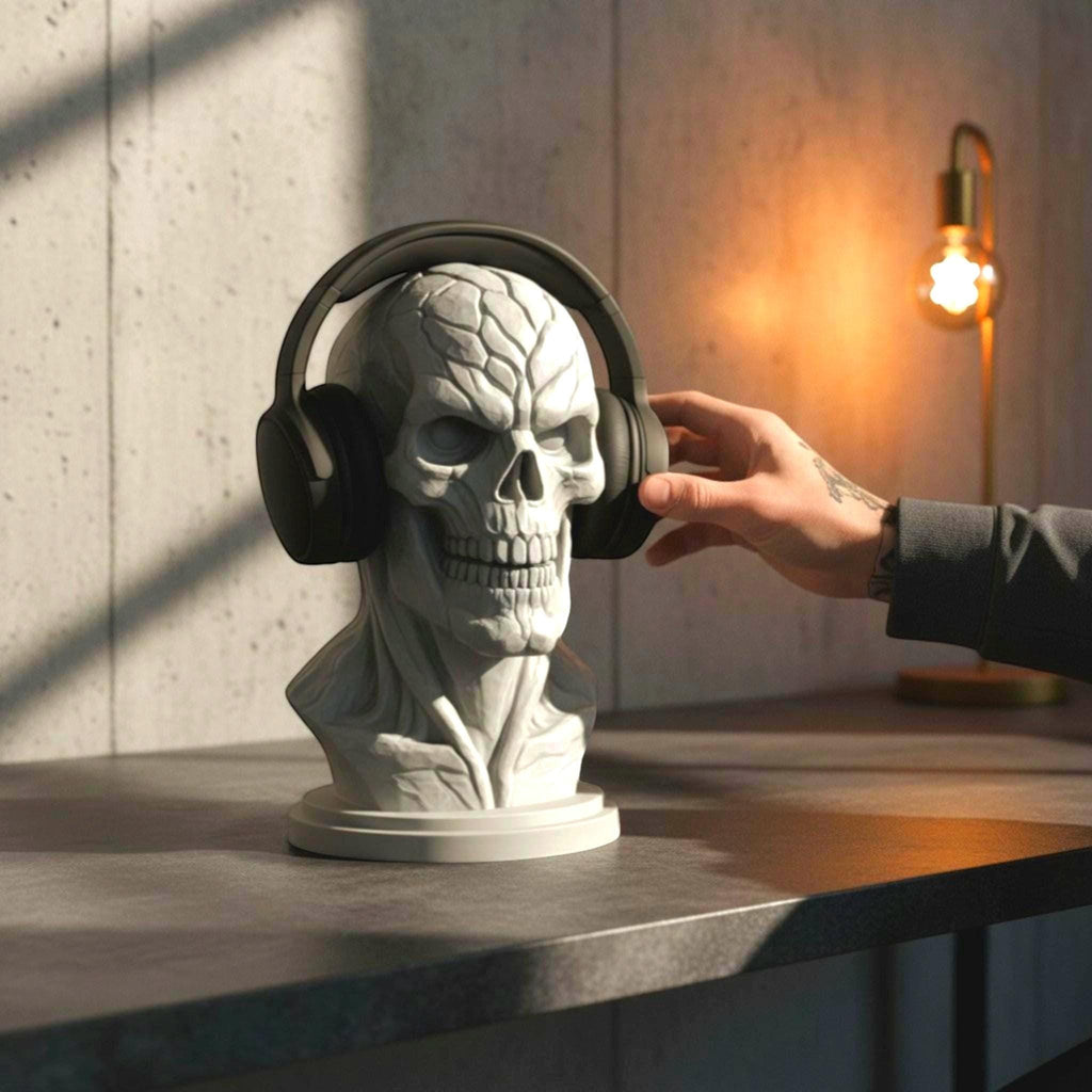 Happy3dWorld white skull headset holder on a desk with black over-ear headphones, featuring a cyberpunk aesthetic.