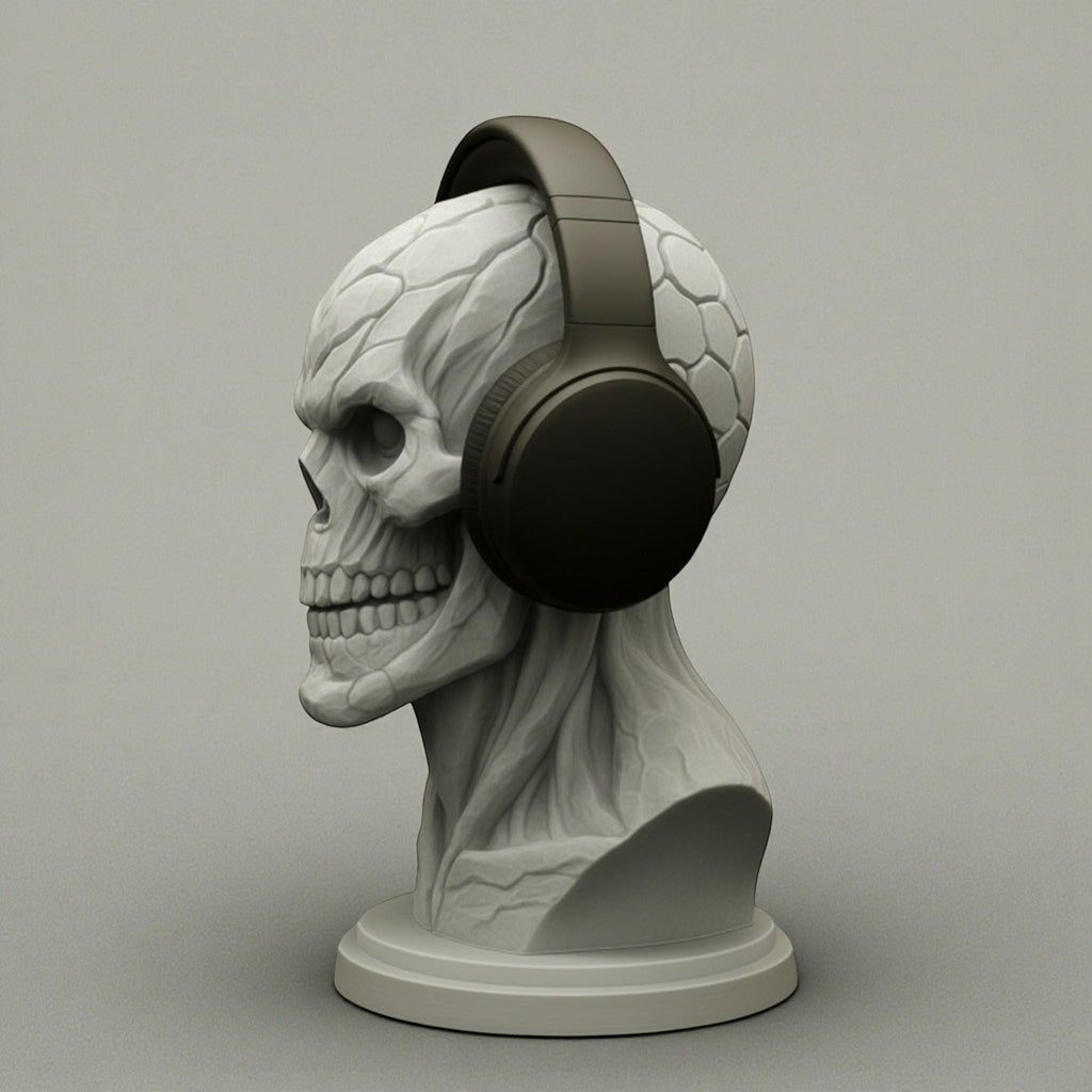 Happy3dWorld cyberpunk skull headset holder with black over-ear headphones on a light grey background