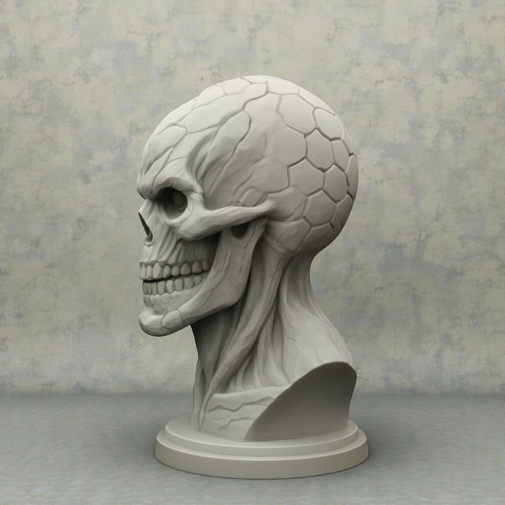 Happy3dWorld cyberpunk skull headset holder with a smooth matte finish and intricate mechanical texture for gaming desks.