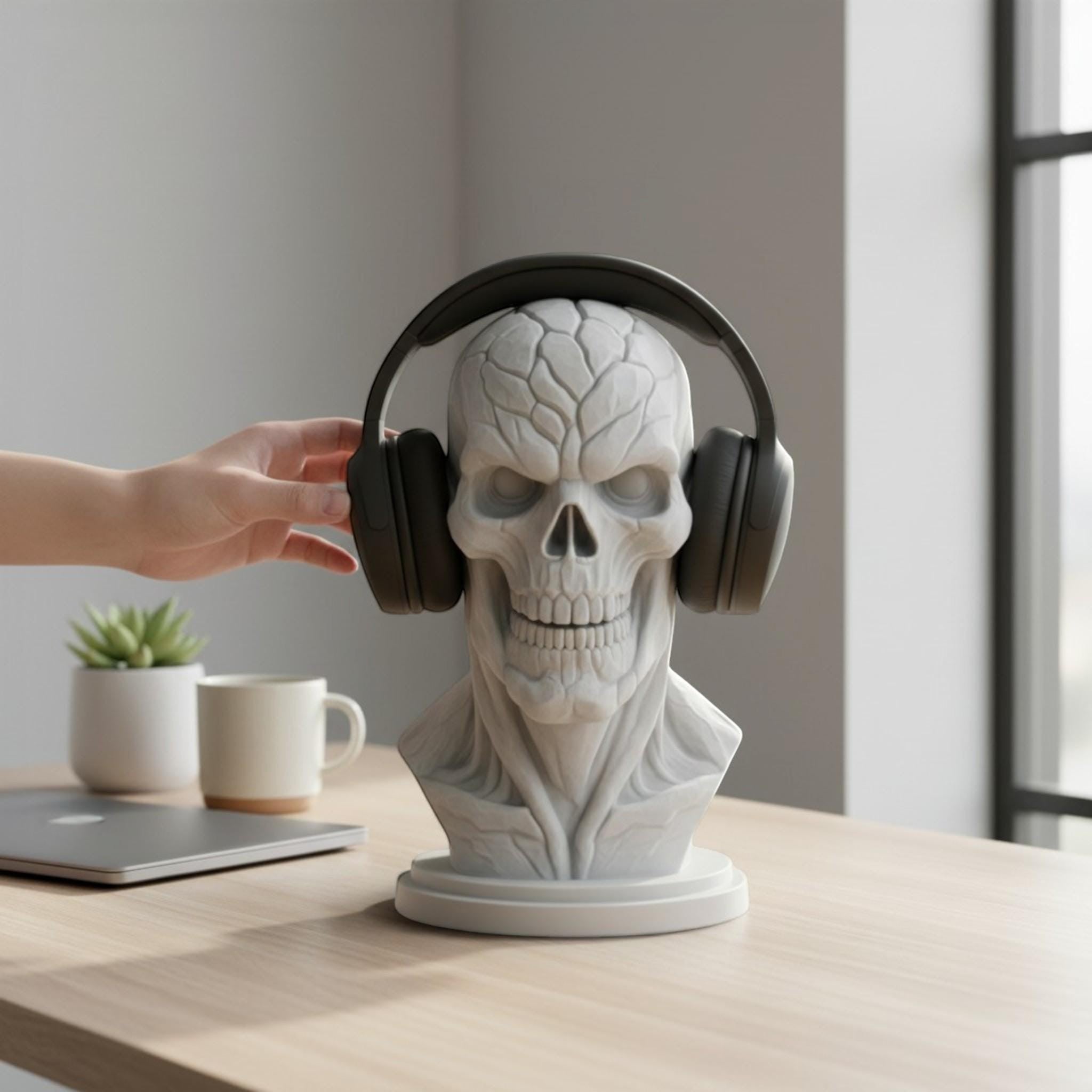 Happy3dWorld white skull headset holder with cyberpunk details displaying black over-ear headphones on a desk.