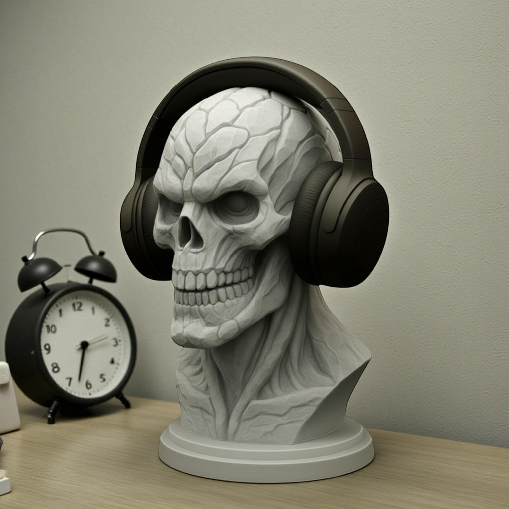 Happy3dWorld skeleton skull headset holder in matte white PLA, displaying black over-ear headphones on a desk.