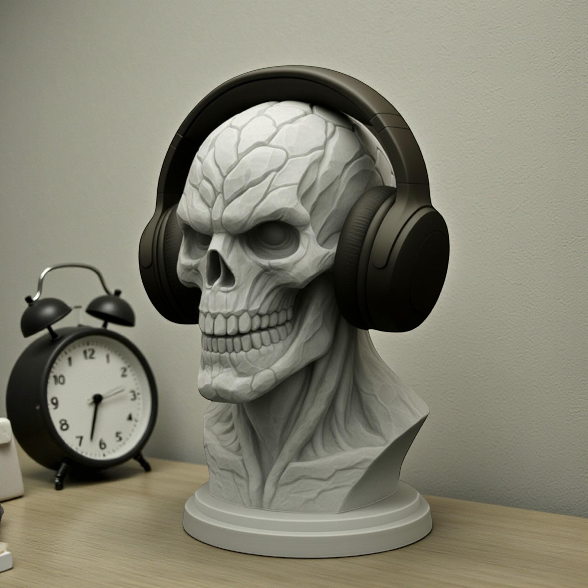 Happy3dWorld skeleton skull headset holder in matte white PLA, displaying black over-ear headphones on a desk.