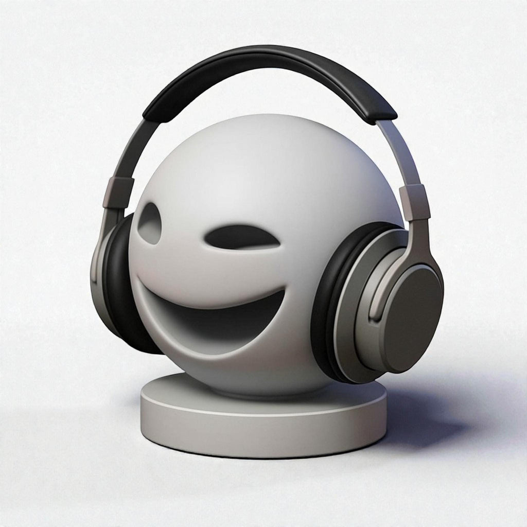 Happy3dWorld minimalist grey smiley emoji headphone stand holding black over-ear gaming headset on a desk