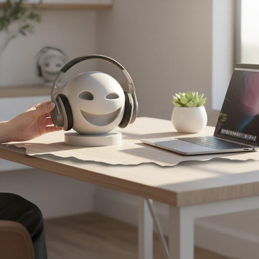 Happy3dWorld white minimalist smiley emoji headphone stand holding black over-ear headset on a wooden gaming desk