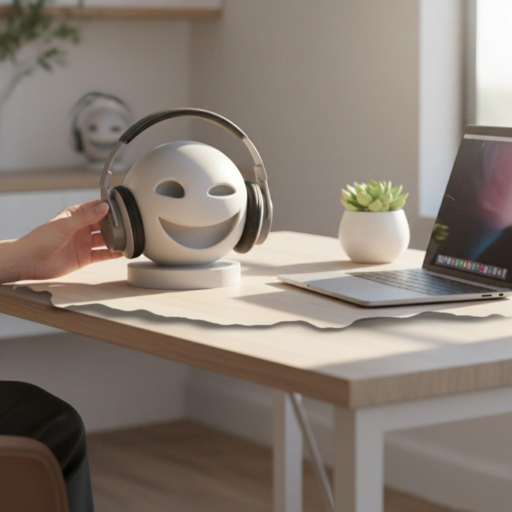 Happy3dWorld white minimalist smiley emoji headphone stand holding black over-ear headset on a wooden gaming desk