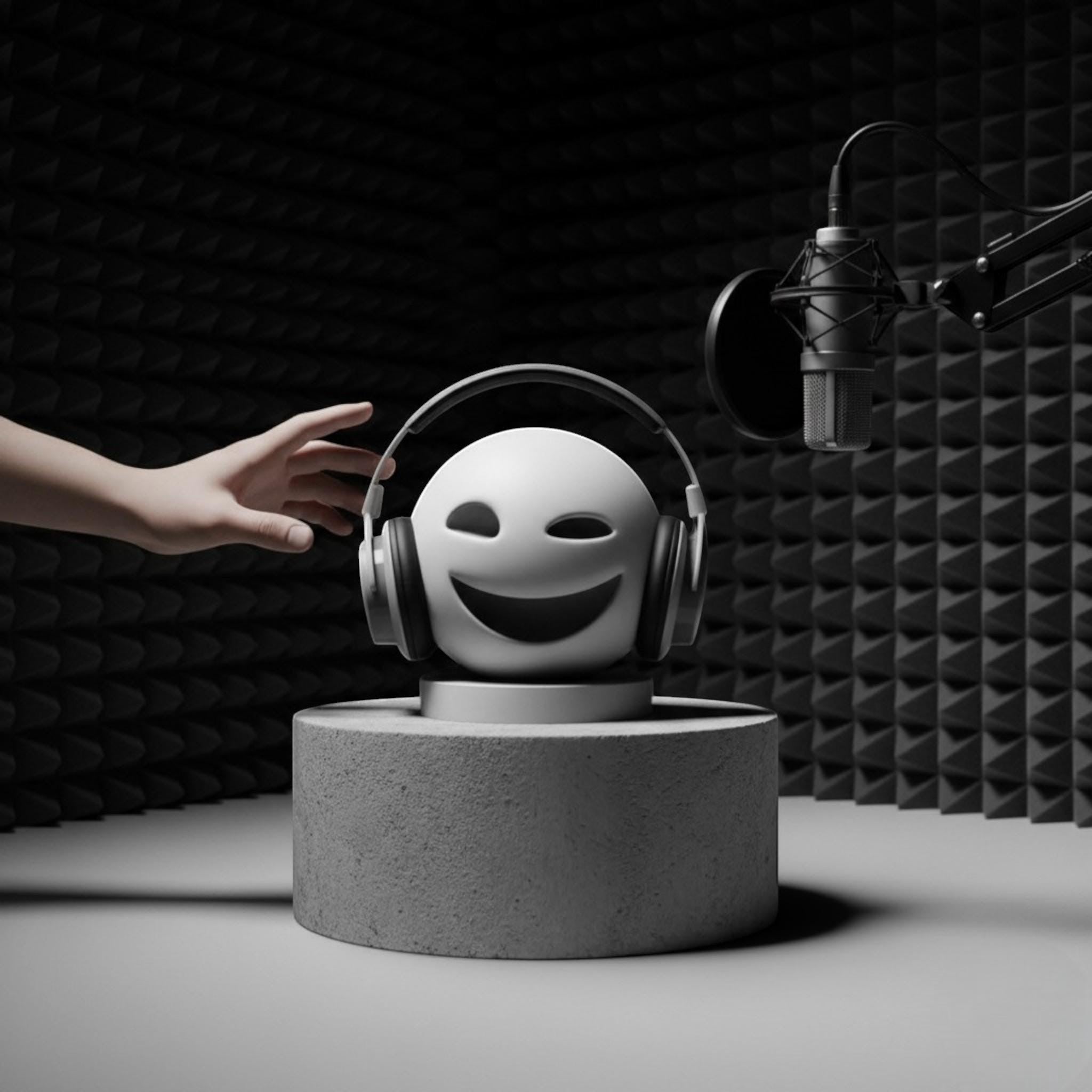 Happy3dWorld minimalist white smiley emoji headphone stand bust on a concrete pedestal in a professional studio setting