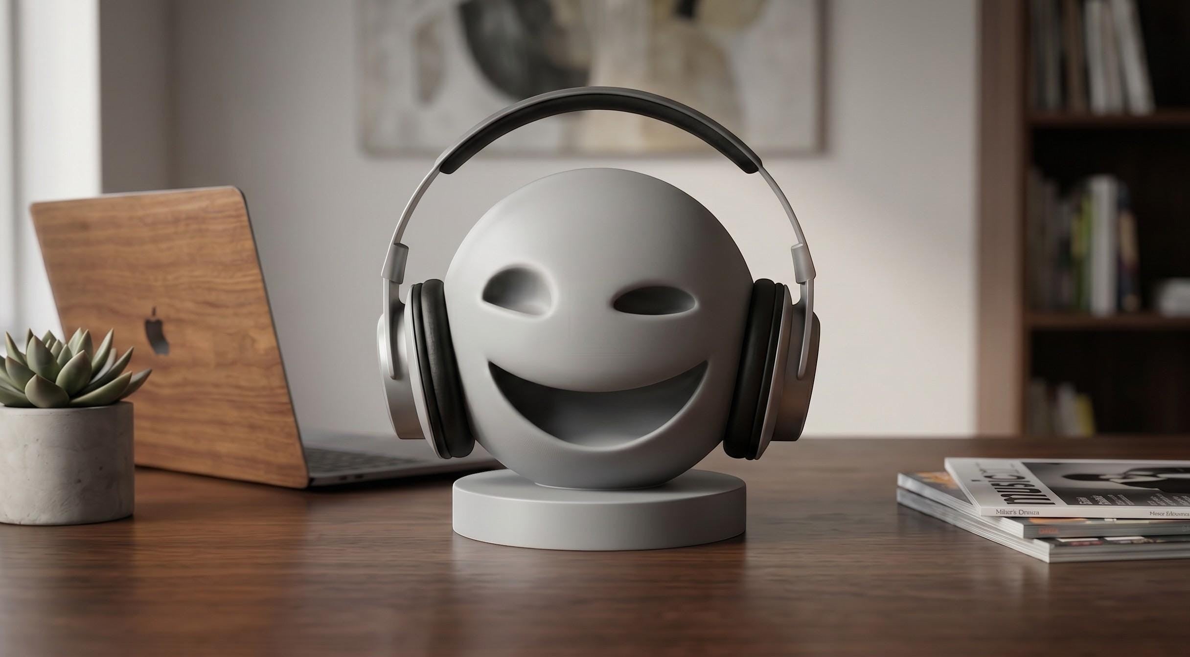 Happy3dWorld grey minimalist smiley emoji headphone stand holding over-ear gaming headset on a wooden desk.