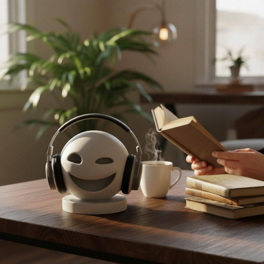 Happy3dWorld minimalist matte white smiley emoji headphone stand holding black headset on a wooden desk