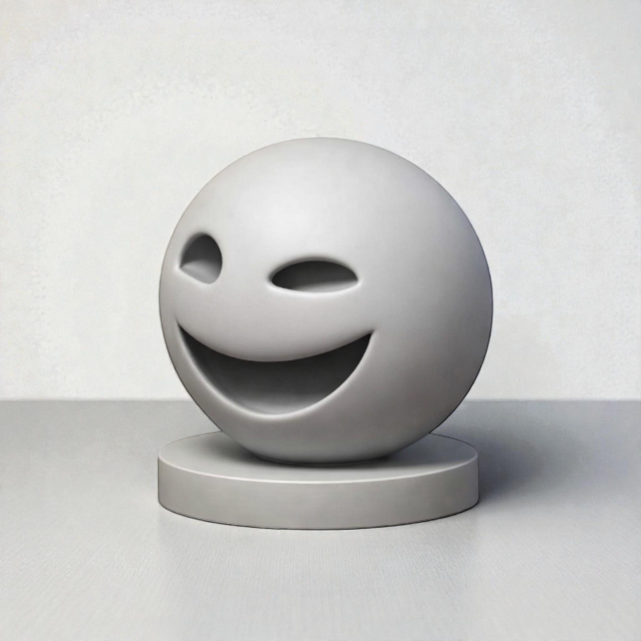 Happy3dWorld minimalist grey smiley emoji headphone stand with a smooth matte finish on a stable round base.