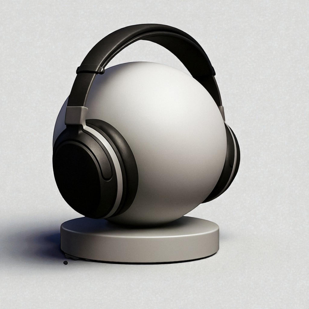 Happy3dWorld minimalist white spherical emoji headphone stand holding black over-ear gaming headset on a desk
